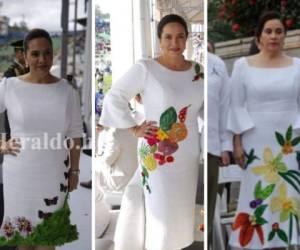 En esta imagen vemos los últimos tres vestidos que la primera dama de Honduras, Ana García de Hernández ha usado en los desfiles patrios de 2016, 2017 y 2018.