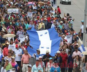 Con banderas, pancartas y cánticos comenzó la marcha convocada por la Plataforma de Lucha para la Defensa de la Salud y Educación, la mañana de este martes frente al portón de la Universidad Nacional Autónoma de Honduras (UNAH). Fotos: Alex Pérez / EL HERALDO.