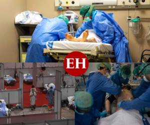 Saturación de salas, agotamiento de personal médico y muertes tras muertes estremecen hospitales de España. Fotos: AFP/AP.