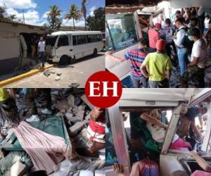 Unas 10 personas heridas dejó el accidente de un bus rapidito que se estrelló contra una casa la mañana de este domingo en la entrada al municipio de Cantarranas, Francisco Morazán, Honduras. Foto: Marvin Salgado/EL HERALDO.