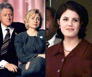 El expresidente Bill Clinton junto a su esposa y candidata presidencial Hillary Clinton. En el otro lado una imagen de Monica Lewinsky.