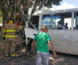 Así quedó la unidad de transporte al estrellarse contra un árbol.