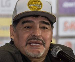 Maradona, durante una rueda de prensa de su actua club, los Dorados de Sinaloa. Foto AFP