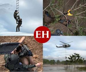 Varios hondureños que permanecían aferrados con todas sus fuerzas a las ramas de los árboles a la espera de ser rescatados tras el desbordamiento del río Chamelecón, en Cortés, fueron rescatados este jueves por las autoridades nacionales. La labor de socorro fue admirable y angustiante, pero afortunadamente lograron salir con vida. Fotos: AFP