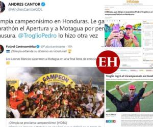 La consagración del Olimpia como campeonísimo y tricampeonísimo del fútbol hondureño no solo es noticia en Honduras, sino que también trasciende fronteras en el mundo. Medios de Argentina, España, Paraguay, Perú y otras latitudes destacan la conquista del cuadro melenudo de la mano de Pedro Troglio en el fútbol de Honduras.