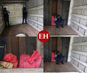 En el interior de seis sacos -que iban distribuidos en tres vehículos- las autoridades hallaron este lunes varios kilos de supuesta droga en La Ceibita, Santa Bárbara. Fotos: Policía Nacional.