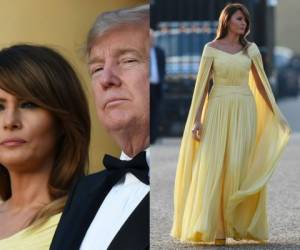Melania impactó con el vestido en la cena de gala que organizó la primera ministra británica, Theresa May, en Londres. Usó un llamativo atuendo amarillo. Fotos AFP