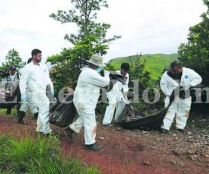 Las inspecciones minuciosas y estudios continuarán realizándose en el terreno donde fueron encontrados los tres cuerpos.