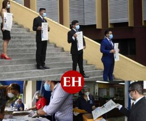 Con traje o ropa más informal, pero todos protegidos con mascarillas, estudiantes de la estatal Universidad de El Salvador recibieron este lunes su título de profesionales de la salud, con el que irán a la primera línea para enfrentar el coronavirus. AFP.