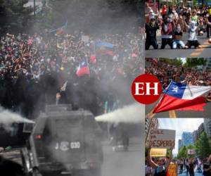 Miles de chilenos salieron de nuevo el martes 22 de octubre a las calles para protestar, en la quinta jornada de manifestaciones que iniciaron la semana pasada por el aumento de la tarifa del metro y que se extendió a otras demandas sociales. Fotos: Agencia AFP.