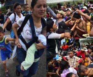 Cientos de niños, acompañados por sus padres, forman parte de la caravana migrante de hondureños que busca llegar a Estados Unidos.Al mediodía de este viernes, los catrachos rompieron los portones de la frontera de Tecún Umán, Guatemala, con México y lograron pisar suelo azteca. (Fotos: AFP)