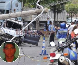 El vehículo en el que viajaba Ángel Eduardo Ramos (foto en la esquina inferior izquierda) volcó de forma estrepitosa, yendo a impactar contra un poste del tendido eléctrico y un árbol frente a la Universidad Pedagógica Nacional Francisco Morazán (UPNFM). Fotos: Estalin Irías / EL HERALDO.