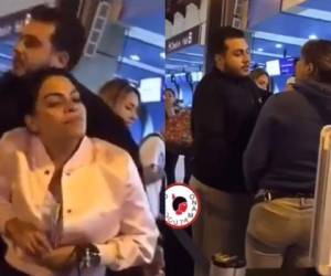 Momento en que la mujer armó tremendo escándalo en el aeropuerto al descubrir que su esposo y amante se iban juntos de vacaciones. Foto captura Facebook