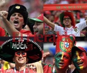 Sombreros y gorros estrafalarios abundan entre los aficionados de Portugal y Marruecos.