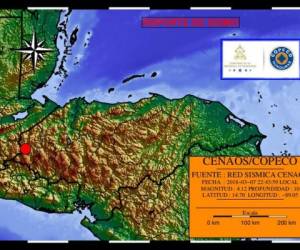Mapa que indica la zona de afectación del sismo en Ocotepeque, Honduras.