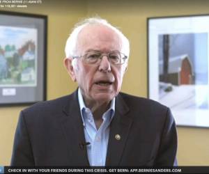 Imagen de video proporcionada por la campaña presidencial de Bernie Sanders del senador Bernie Sanders mientras anuncia que pone fin a su campaña presidencial el miércoles 8 de abril de 2020 en Burlington, Vermont. Foto: Agencia AP.