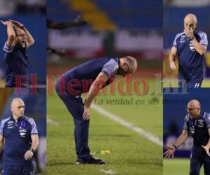 El semblante de Fabián Coito casi ejemplifica su devenir en la Selección de Honduras: El entrenador uruguayo llegó al país con grandes expectativas por su huella en las selecciones inferiores de su país, pero mantiene a la Bicolor en el sótano de la clasificación rumbo a Qatar 2022. Fotos: E. Romero / M. Cubas / Grupo OPSA.