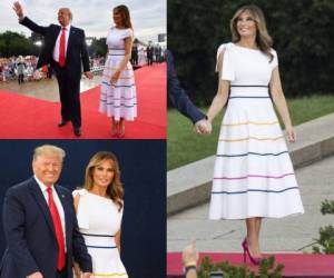 Melania Trump, la primera dama de Estados Unidos, acaparó la atención mundial en la conmemoración del Día de la Independencia, con un vestido folclórico que mezcló dos texturas. Fotos AFP