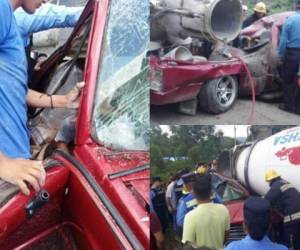 El camión cisterna destruyó el vehículo pick-up producto del fuerte impacto. Foto: Cortesía Radio América