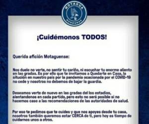 La directiva de Motagua pidió a su afición no salir de casa para evitar contagios del covid-19.