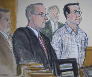 Ilustración que muestra al expresidente Rafael Callejas durante la audiencia en la Corte de Nueva York (Cortesía: AP)