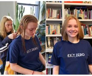 Fiona Hinds cortándole el cabello a su hermana Sophie en su casa de Nueva York. Foto: AP.