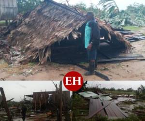 La Mosquitia hondureña sufre los primeros daños del paso del huracán Iota. Los fuertos vientos levantaron los techos de las viviendas y dejaron caer varios árboles en la comunidad. Fotos: Cortesía.