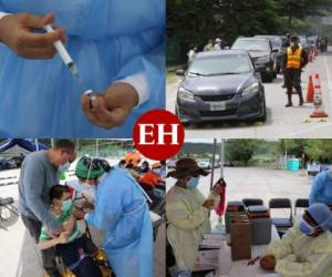 Desde la madrugada, muchos hondureños llegaron a los puntos de vacunación con la esperanza de alcanzar la primera dosis. Este día solo estaban citadas las personas con alguna discapacidad física y las que padecen alguna enfermedad base en edades entre 55 y 59 años. Fotos: David Romero | EL HERALDO