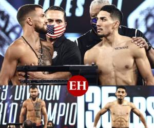 El boxeador Vasyl Lomachenko y Teófimo López se enfrentarán este sábado 17 de octubre en Las Vegas, Nevada, en un combate de unificación de los principales títulos mundiales de peso ligero. Este viernes se realizó la ceremonia de pesaje y fue un momento intenso de choque de miradas. Fotos: Cortesía Top Rank.