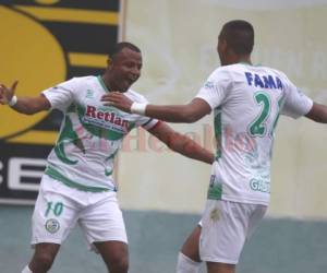 Ovidio Lanza celebra su tercer gol del torneo, tras doblete ante Real de Minas, ahora celebra ante Olimpia. Foto: Juan Salgado / El Heraldo.