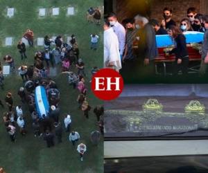 Los restos del legendario Diego Maradona fueron inhumados este jueves en un cementerio privado, al noroeste de Buenos Aires, en una ceremonia íntima cuando comenzaba a caer la noche que contrastó con el multitudinario y caótico velatorio previo. Fotos: AFP