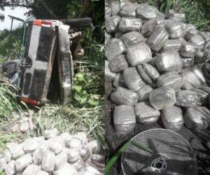 El vehículo accidentado y el supuesto estupefaciente a la altura de la aldea El Chichicaste. (Foto: Cotesía Policía Nacional)