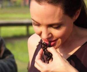 Angelina Jolie mientras prueba un escorpión, el cual aseguró sabía a papas fritas.