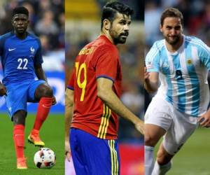 El español Diego Costa nació en Brasil, el francés Samuel Umtiti en Camerún y el argentino Gonzalo Higuaín es de Francia. Fotos AFP