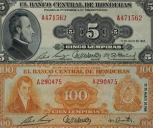 Billete de 5 lempiras de 1950 y billete de cien lempiras de 1969. Fotos BCH