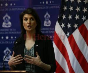 La embajadora de Estados Unidos ante las Naciones Unidas, Nikki Haley, durante conferencia de prensa en Honduras. Foto Alex Pérez| EL HERALDO