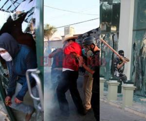 Los empresarios y sectores de la sociedad hondureña lamentaron que las manifestaciones de la Alianza terminen dañando la propiedad privada y causando terror en la población. Fotos agencias AP/AFP/EL HERALDO