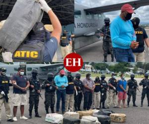 El alcalde de Roatán, Jerry Dave Hynds Julio, y tres personas más, detenidos la tarde del viernes, fueron trasladados hasta Tegucigalpa este sábado, junto a los 98 fardos de supuesta cocaína hallada dentro de un camión cisterna. Fotos: Cortesía.