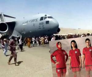 En imagen de archivo del 16 de agosto de 2021, cientos de personas corren al lado de un avión de carga C-17 de la Fuerzas Aérea de Estados Unidos que trata de despegar en la pista del aeropuerto internacional de Kabul. Foto:AP