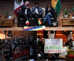 Evo Morales, expresidente de Bolivia ahora en el exilio en México, vivió un incómodo momento este martes cuando daba una conferencia en la Universidad Autónoma de México (UNAM). En plena intervención, un grupo de manifestantes ingresó al auditorio para repudiar su presencia. Fotos: Agencia AFP/ AP.