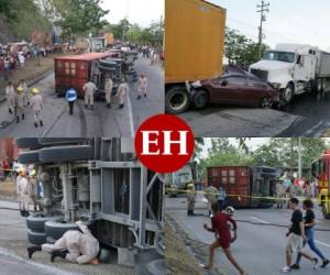 Así quedó la trágica escena donde un hombre murió aplastado por un contenedor este sábado en un múltiple accidente vial en la carretera entre Choloma y Puerto Cortés, al norte de Honduras. Foto: EL HERALDO