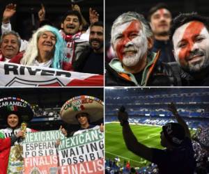 Con petardos, cánticos y banderas, miles de hinchas de River Plate y de Boca Juniors mostraron sus colores este domingo en apoyo a sus equipos para la final de la Copa Libertadores, convirtiendo a Madrid en una fiesta, sin incidentes que lamentar. (AFP)