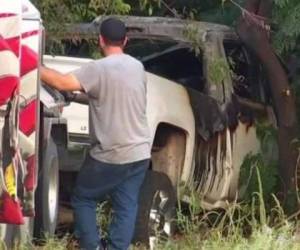 El vehículo chocó contra un árbol. Debido al fuerte impacto el automotor tomó fuego y provocó la muerte de siete personas, seis de ellos hondureños. Foto: Cortesía