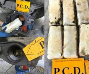 Cuatro paquetes con polvo blanco fueron encontrados en el eje trasero del camión por la por la Policía Control de Drogas de Costa Rica. Fotos: Cortesía PCD Costa Rica