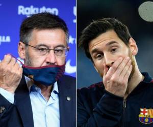 La imagen muestra al presidente del Barcelona, ​​Josep Maria Bartomeu, quitándose la mascarilla en Barcelona el 19 de agosto de 2020, y al delantero argentino del Barcelona, ​​Lionel Messi, reaccionando antes del partido de ida de los octavos de final de la UEFA Champions League. Foto: Agencia AFP.