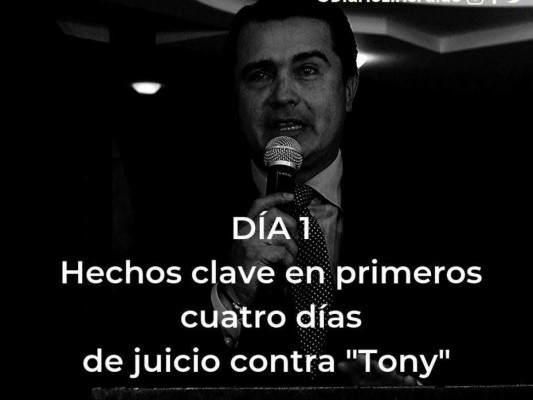 DÍA UNO: El miércoles 2 de octubre de 2019 inició el juicio contra Juan Antonio 'Tony' Hernández, hermano del presidente de Honduras, Juan Orlando Hernández. La mirada del mundo giró hacia una Corte de Nueva York donde el exparlamentario se juega su destino. El fiscal Jason Richman aseguró ante el juez de la Corte de Nueva York, Kevin Castel, que 'Tony Hernández' recibió un millón de dólares por parte del capo mexicano Joaquín 'El Chapo' Guzmán para entregárselos a su hermano, el presidente de Honduras, Juan Orlando Hernández, quien seguidamente tildó la acusación como el cuento de 'Alicia en el país de las Maravillas'.