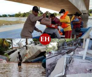 La Comisión Permanente de Contingencias (Copeco) anunció este viernes desalojos forzados de los pobladores del Valle de Sula, donde se pronostican inundaciones a causa de un fenómeno tropical en el Caribe, mientras siguen atendiendo a decenas de miles de afectados por el ciclón Eta. Fotos: Agencia AP y Copeco