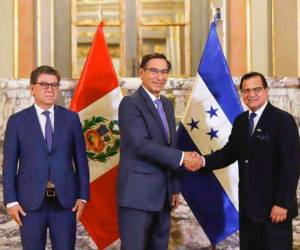 Adán Suazo (derecha) fue designado como embajador en Perú en 2020 y presentó sus cartas credenciales ante el expresidente Martín Vizcarra. Con la llegada de Pedro Castillo en 2021 tuvo un encuentro junto a otros diplomáticos.