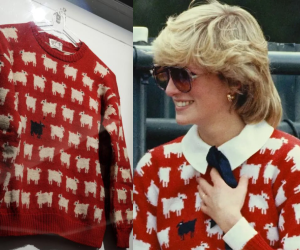 Diana Spencer lució el jersey rojo con motivos de ovejas creado por las entonces poco conocidas diseñadoras Sally Muir y Joanna Osborne.
