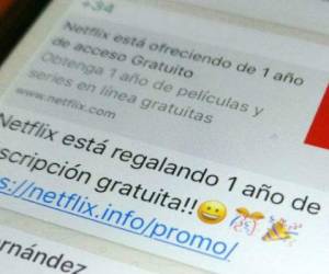 El usuario recibe un mensaje de uno de sus contacto con un enlace invitándolo a obtener una membresía gratis de la plataforma online Netflix.